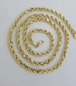 10k Yellow Gold Rope Chain 4mm 24 Inch Necklace Diamond Cut Men's Necklace REAL - Picture 1 of 9