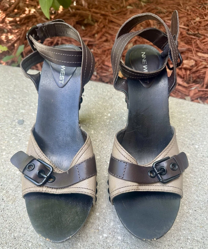Sandalias de plataforma de cuero marrón Nine West Oceanside talla 9,5 correa al tobillo vintage  Foto 1 de 4