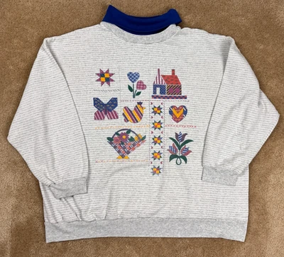 Sudadera vintage Grandmacore Cottage punto de cruz cuello alto para mujer 2X Foto 1 de 4