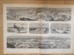 1867 Paris Exposition Wood Engraving Suez Canal Construction Panorama Original - Picture 1 of 8