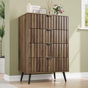 Walnut Fluted 4 Drawers Dresser for Bedroom, Chest of Drawers with Metal Wide... - Picture 1 of 6
