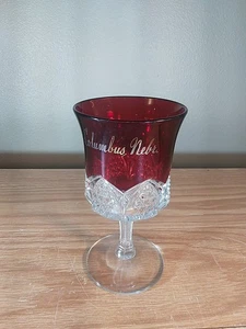 EAPG RUBY STAINED COLUMBUS NE ETCHED ANTIQUE STEMMED WINE GLASS WATER GOBLET - Picture 1 of 9