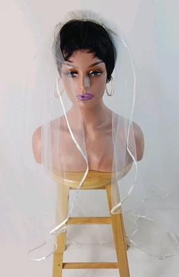 Bridal wedding Tulle net off white Ribbon trim Hair Comb Clip Long Veil 61.5" - Image 1 of 4