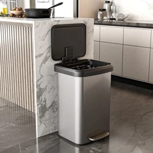 13-Gallon Silver Stainless Steel Step Trash Can with Soft Close Lid - Picture 1 of 3
