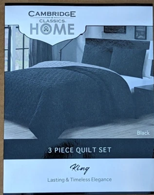Black and Gray Cambridge Classics Home 3 Piece Quilt Reversible Embossed King - Image 1 of 4