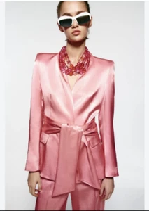 Zara Luxury Peach Pink Satin Blazer With Belt Size M Lined Blogger Favorite 177 - Picture 1 of 9