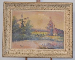 ANCIENNE TABLEAU SUR TOILE CADRE MOULIN HUILE PEINTURE - Imagen 1 de 7