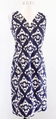 Talbots Navy Blue Cream Ikat Geometric Print V Neck Sheath Dress Size 4 - Image 1 of 4
