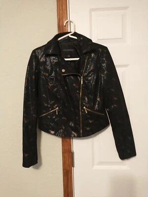Rock & Republic Classic Moto Jacket Sz S Black & Gold Faux Snake Skin Print - Image 1 of 4