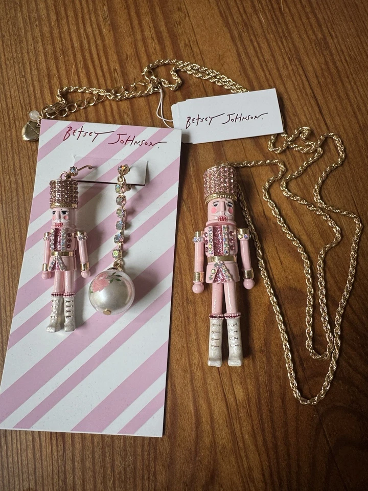 NWT Betsey Johnson Pink Nutcracker Pendant Necklace & Earring Set, Christmas! - Image 1 of 1