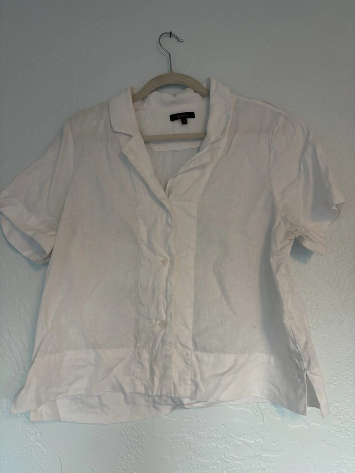 Quince 女式 100% 欧洲亚麻短袖衬衫 M 码宽松方格 — 第 1/2 张图片