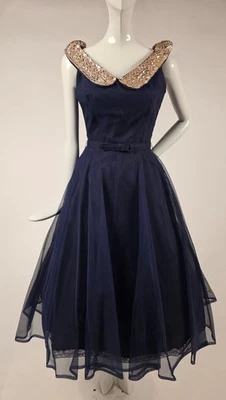 VINTAGE 1950’S BLUE ORGANZA OVER TAFFETA PARTY DRESS W SPARKLING SEQUIN COLLAR - Image 1 of 4