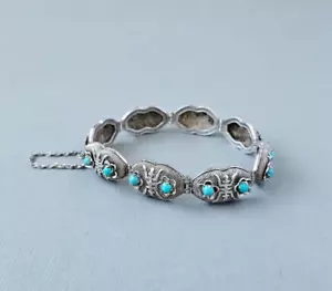 Vintage Chinese Export Filigree Silver Turquoise Link Bracelet Character 7" Rare - Picture 1 of 15
