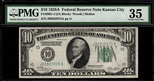 1928A $10 Federal Reserve Note Kansas City FR.2001-J - PMG 35 - Numeric #10 - Picture 1 of 2