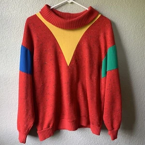 Felpa vintage anni 80 90 girocollo M/L rossa geometrica pile maglione forte primario - Foto 1 di 9