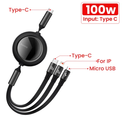 Baseus 100W 3 in 1 USB C Fast Cable Retractable Cord For iPhone Micro USB Type C - Image 1 of 4