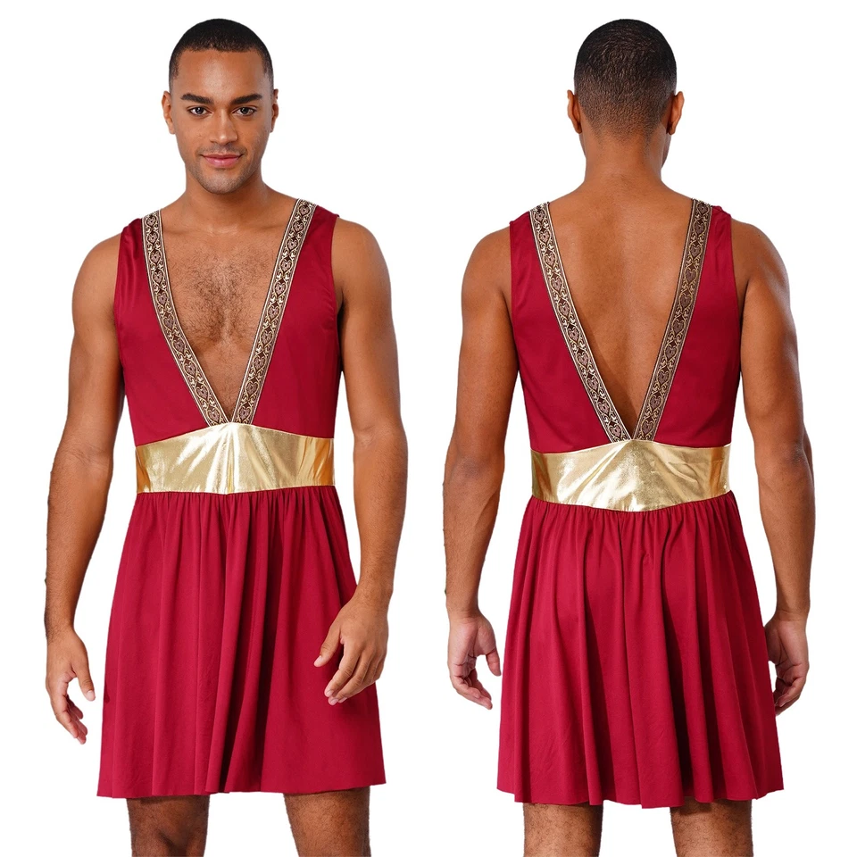 Disfraz griego para hombre cuello en V bata de retazos sin mangas con puños metálicos fiestas Foto 1 de 2