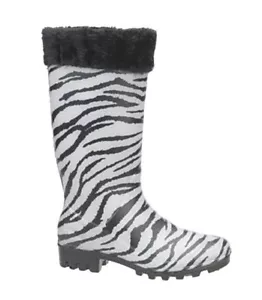 Womens Fashion Rain Boots Zebra Print Fur Trim Rubber Waterproof - Picture 1 of 1