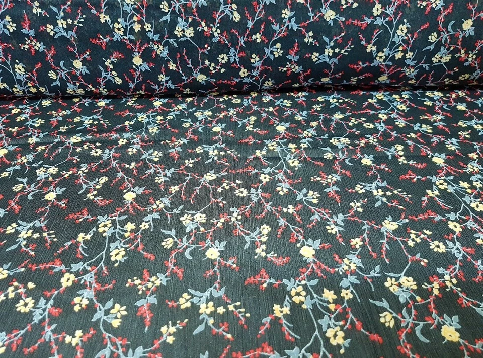 5m Stoffpaket Krepp Chiffon Viskose Polyester Mischung schwarz geblumt  - Bild 1 von 2