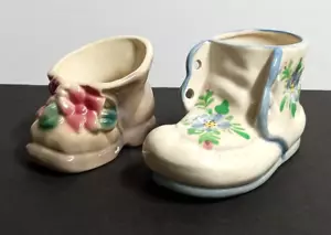 Pair of Ceramic Shoe Baby Shower Planters Decor Vtg Figurines 4"+ ea. c1950s - Picture 1 of 10