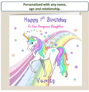 Biglietto di compleanno unicorno personalizzato nipote nipote nipote sorella UNI-3 - Foto 1 di 8