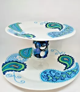 Bandeja para servir Royal Norfolk azul cachemira de dos niveles cerámica hecha a mano de 6" de alto - Imagen 1 de 9