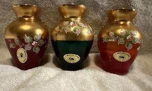 Lot Of 2 Red Gold & 1 Green Gold Murano Glass Small Flower Vases 24K Gold - Picture 1 of 16