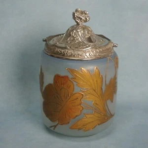 Vintage French Art Nouveau Style Frost Glass Gold Floral Decor Metal Biscuit Jar - Picture 1 of 13