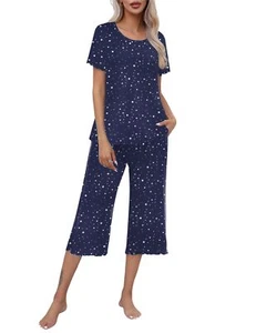 Women's Pajamas Set Short Sleeve Top With Capri Pants Pjs Lounge & Sleepwear ... - Picture 1 of 3