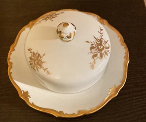 VVINTAGE GERMAN PORCELAIN REICHENBACH GOLD WHITE FLORAL COVERED BUTTER DISH - Picture 1 of 4