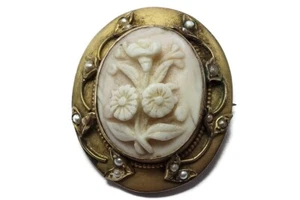 HERMOSO BROCHE CAMAFEO FLOR CARACOLA TALLADA PERLA ORO 9K INGLÉS ANTIGUO - Imagen 1 de 7