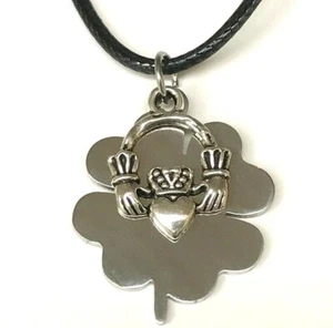 Shamrock Claddagh Necklace Stainless Steel Black Cord 18" Irish Celtic Patricks - Picture 1 of 10