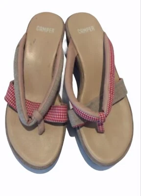 Camper Autre Marque Size 41 8 Beige Suede Red Gingham Wedge Mules Sandals Womens - Image 1 of 3