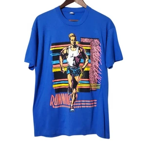 Camiseta Gráfica Hombre Correr Vintage Años 80 Talla M Puntada Única Azul Para Hombre - Imagen 1 de 10