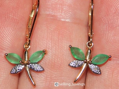 PENDIENTES COLGANTES ORO AMARILLO 14K ESMERALDA DIAMANTE MARIPOSA 1,1 PULGADAS PALANCA Foto 1 de 4