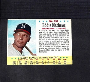 1963 Post Set Break #151 Eddie Mathews-3--Braves--sin pliegues--ex++ - Imagen 1 de 2