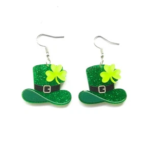 Earrings Green Hat Shamrock Clover Acrylic Dangle Drop Earrings - Picture 1 of 7