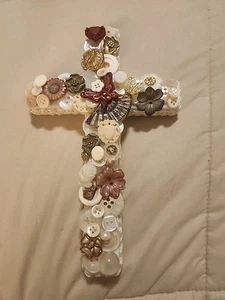 Handmade Cross Made From Vintage Buttons & Tiles 8" x 5" Decorative Religious K - Picture 1 of 15