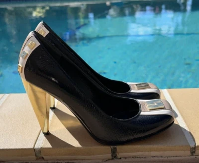 L.A.M.B. BOMBA GWEN STEFANI MULTICOLOR CUERO DORADO TACÓN PUNTERA CUADRADA LOGO Talla 6.5M Foto 1 de 4