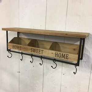 Home Sweet Home Metal & Wood Entry Way Wall Shelf W/ 6 Adjustable Hooks Hangers - Picture 1 of 8