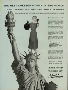 1954 Milliken Telas Ropa Vestidos Vintage Estampado Anuncio Estatua Liberty City Town - Imagen 1 de 8