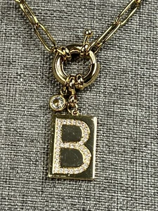 Collana catena 18" pendente iniziale B pavè di giglio e menta e giglio acciaio inox 18k - Foto 1 di 3