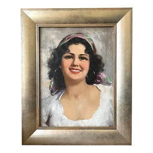 Vintage Italian Oil Painting Portrait a Beautiful Girl by Enrico Frattini 1950 - Picture 1 of 6