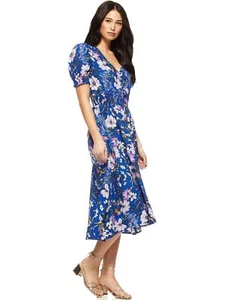 Sofia Vergara kurzärmlig gesmocktes Damen-Midi-Kleid mit Taille, blau, XXL - Bild 1 von 2