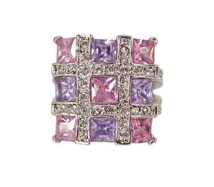 Pink and purple cubic zirconia statement ring in large square setting SZ 7.5 NEW