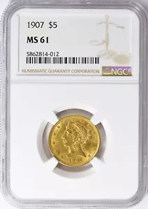 1907 LIBERTY HEAD $5 HALF EAGLE GOLD NGC MS61 - Picture 1 of 3