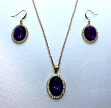 PURPLE FACETED GLASS & DIAMANTE CRYSTAL GOLD PLATED PENDANT NECKLACE  SET
