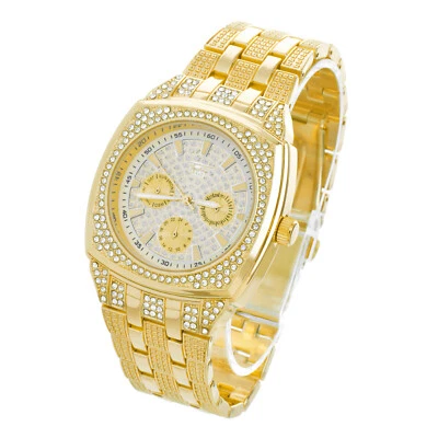 Mens Iced Out CZ Gold Plated Techno Pave Bling Watch Metal Band Hip Hop WM 9029G - Image 1 of 2