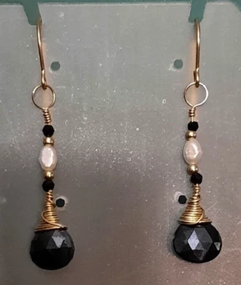 Sparkling 14k GF Black Spinel & Pearl Dangle Earrings - Image 1 of 4