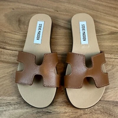 New NWOB Big Kids Steve Madden Hoku Brown Leather Slides Sandals Size 2.5 Y - Image 1 of 4